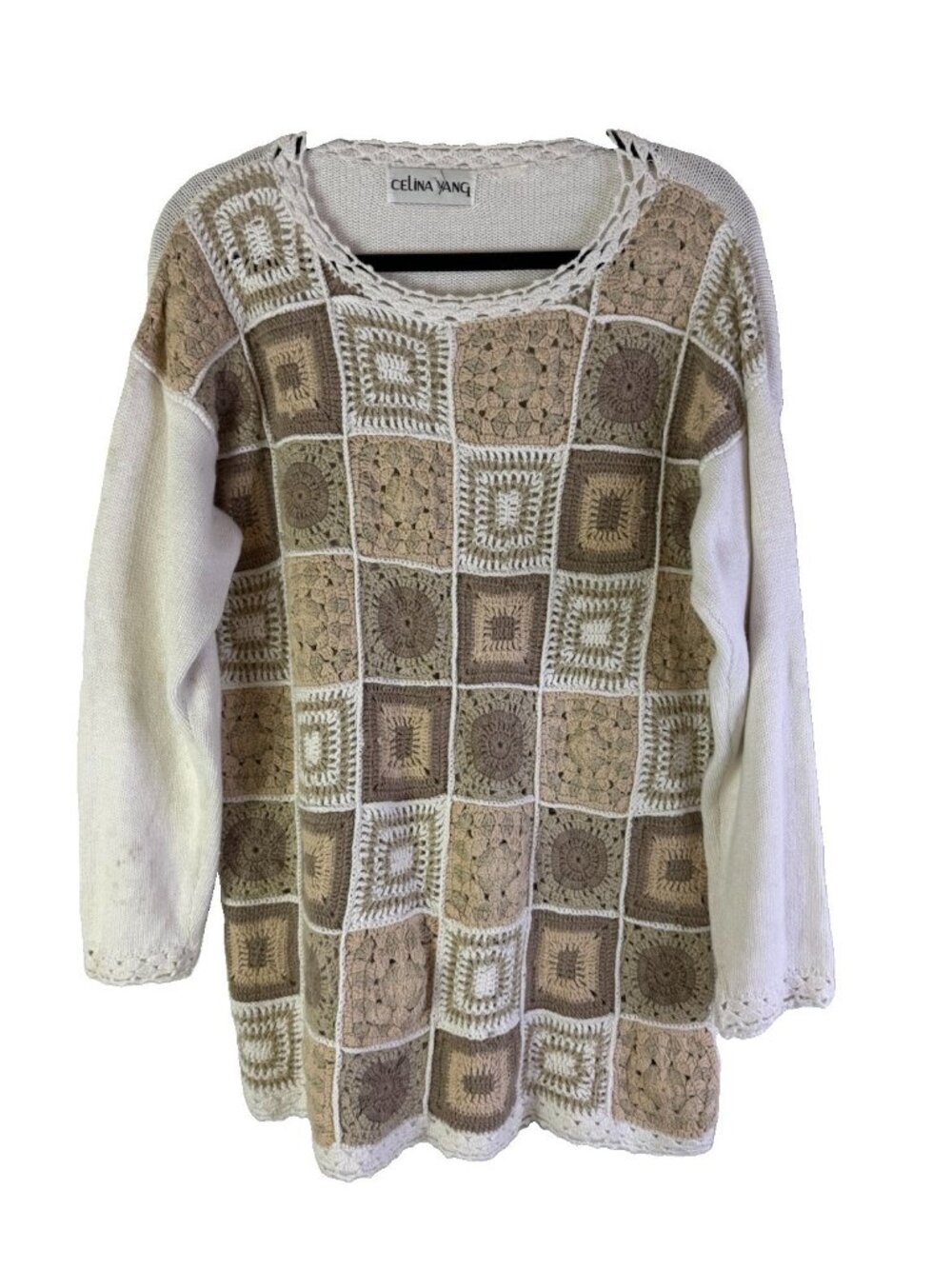 Vintage 90s Sweater Grandma Square Patchwork Baggy Boho
